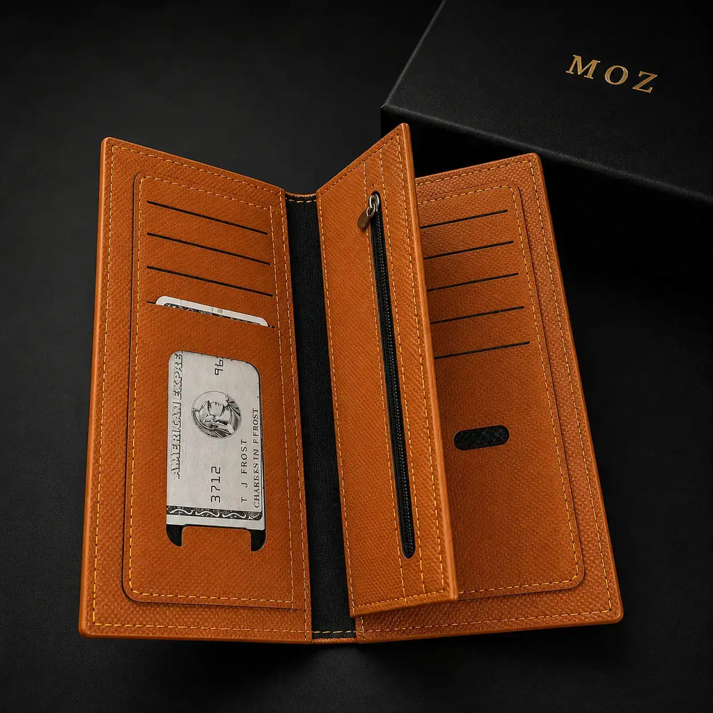 Camel bifold wallet open showing card slots and zip pocket