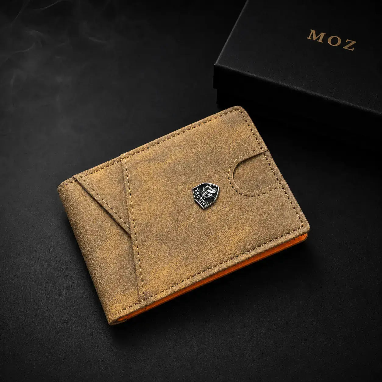 Vintage tan textured bifold wallet with metal shield emblem and MOZ gift box