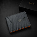 Black carbon-fiber textured bifold wallet with metal shield emblem and MOZ gift box