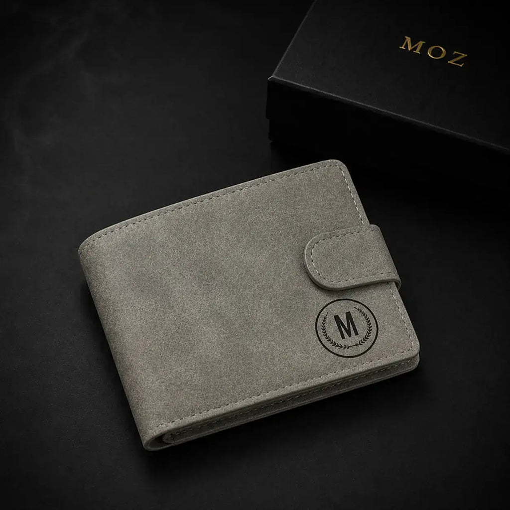 Stone grey suede-finish bifold wallet, alternate angle