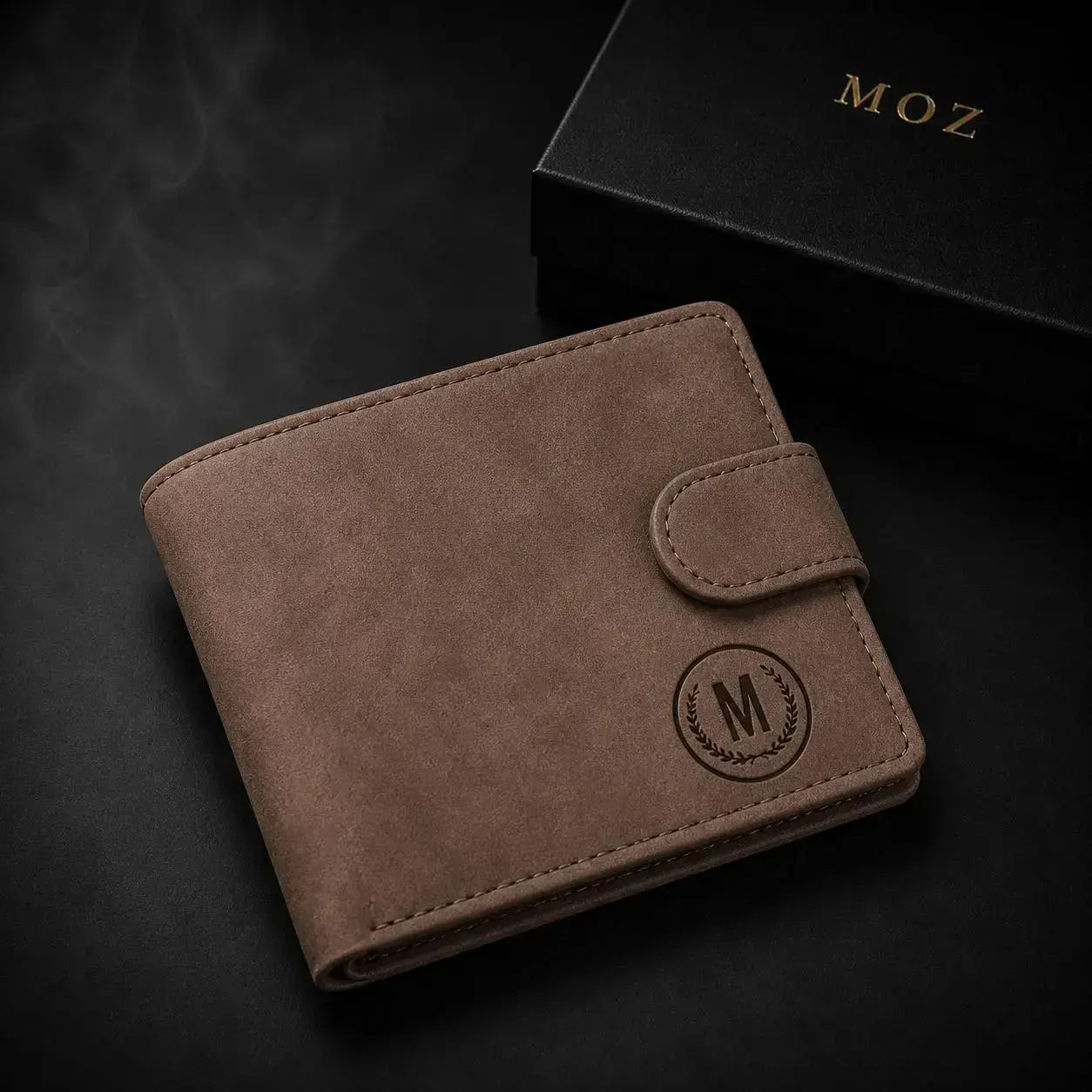 Brown suede-finish bifold wallet with embossed logo and MOZ gift box
