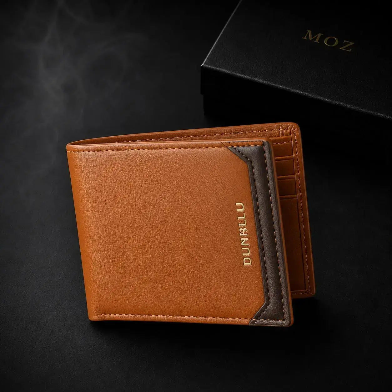 Tan two-tone bifold wallet with contrasting corner panel and MOZ gift box