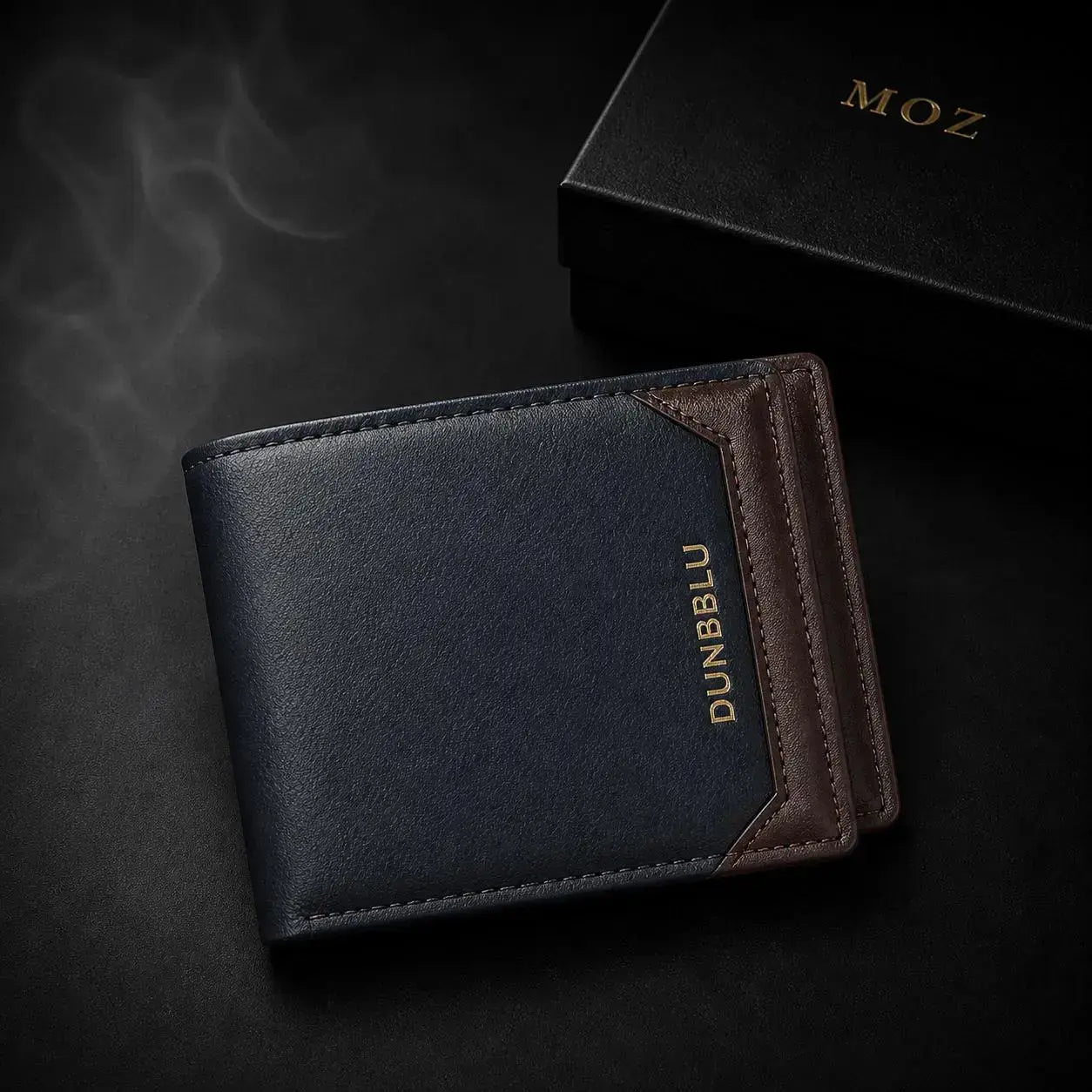 Navy two-tone bifold wallet with contrasting corner panel and MOZ gift box