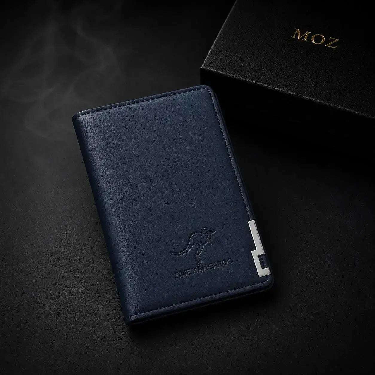 Navy blue bifold wallet with embossed kangaroo emblem and MOZ gift box