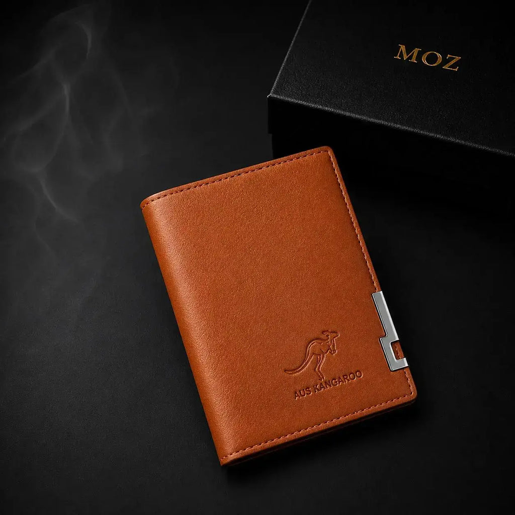 Tan bifold wallet with embossed kangaroo emblem and MOZ gift box